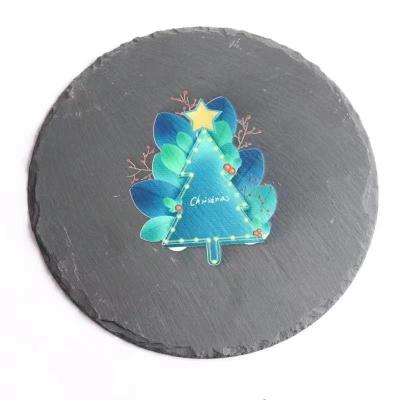 China High Quality Sustainable Natural Slate Christmas Round Dessert Slate Tray For Restaurants for sale