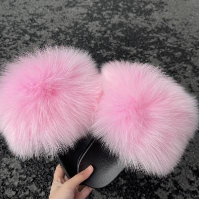 China Custom Real Fox Fur Slippers Women Luxury Anti-Slip Slide Sandals Fashion Fur Slides For Women for sale