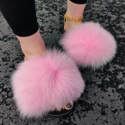 China High Quality Workmanship Kids Fur Antiskid Slips Fox Fur Slippers Mid Fur Slides For Women for sale