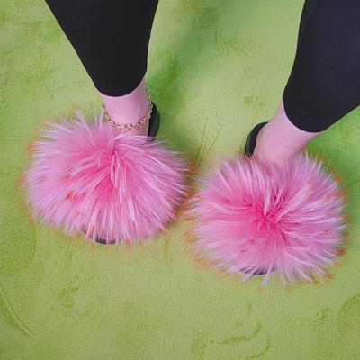 China Luxury Designer Outdoor Perfect Fashionable Fur Anti-slippery Logo Fox Fur Furry Slippers Custom Made For Women for sale