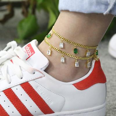 China Romantic 18k Gold Rectangle Gold Anklets For Women Fashion Light Green Zircon Anklet Chain Jewelry for sale