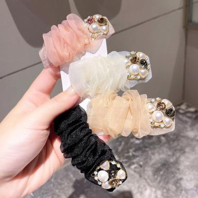 China Fashion RTS Pastel Lace Organza Scrunchies Metal Pearl Rhinestone Hair Claw Voluminous Hair Clip for sale