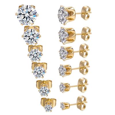 China 6 Pairs TRENDY Round Zircon Diamond Stud Earrings Stainless Steel Minimalist Simple 3-8mm CZ Stone Earrings For Men Women Unisex for sale