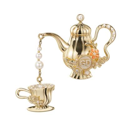 China High Quality Creative Teapot And Cup New Design Brass With Pearl Pin Brooch Jewelry Gold Plated Jewelry for sale