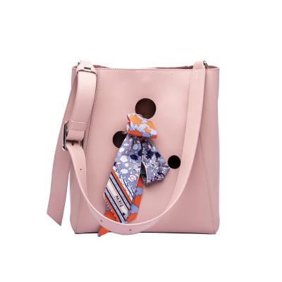 China NATIONAL Wholesale Pink Color Plain Women Handbags Bucket Genuine Leather Bags With Scarves Accessory for sale