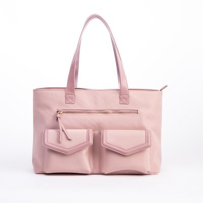 China Large Capacity Simple Water Resistant Private Label Package Mommy Baby Nylon Pink Leather Diaper Tote Bag for sale