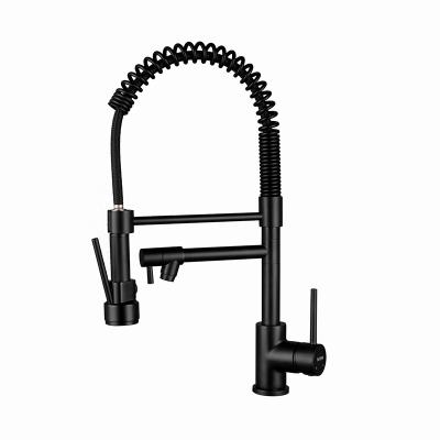 China Pull Out Spray New Style Deck Mounted Matte Black Pull Out Kitchen Double Faucet Spring Spout Mixer Sprayer Sink Faucet for sale