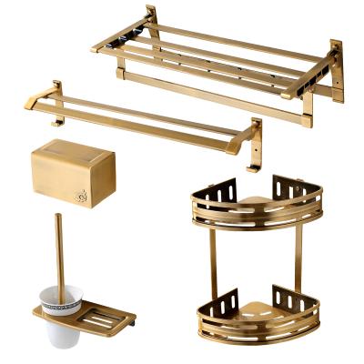 China Antique Hotel Project Gold Brushed Bath Hardware Set Wall Mounted Bathroom Accessory Set Folding Towel Rack Set for sale