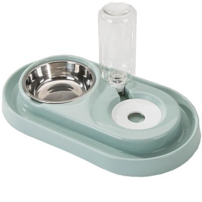 China Sustainable Green Cute Cat Shape Feeder Automatic Waterer Blue Pink Stainless Steel Cute Bowl Plastic Food Dispenser for sale