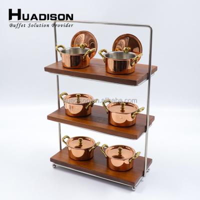 China Sustainable Huadison Hotel Restaurant 3 Tier Rustic Wooden Cake Stand With Stainless Steel Bracket for sale