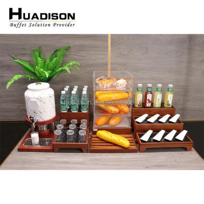 China Viable High Quality Wedding Acrylic Five Star Banquet Hotel Cake Stand Huadison Wooden Sapele Wooden Dessert Display Stand Set for sale