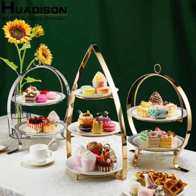 China Sustainable Huadison Five Star Hotel Dessert Display Stand 3 Tiers Golden Cake Stand For Wedding Party for sale