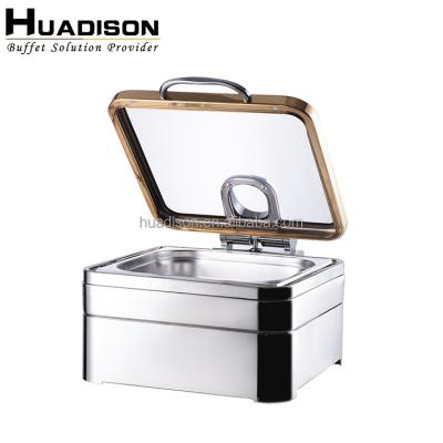 China Wedding Caterers & canteens & restaurants & Hotels Huadison Equipment Catering Chafing Dish 6 Liters Square Glass Chafing Dish Lid For Wedding Banquet for sale