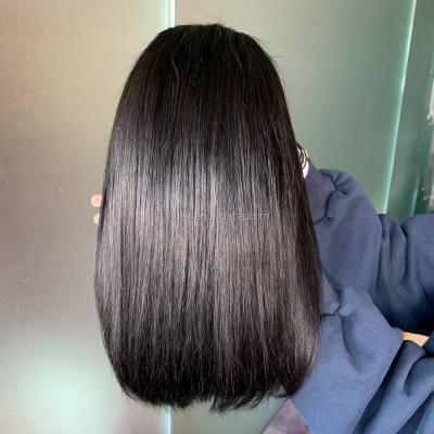 China Cheap silky straight wave factory 4*4 lead closure wig with good quality on sale, silky straight texture, double pulled wig for sale