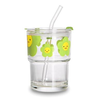 China Cute Household Milk Glass Cup With Lid Set Handle Breakfast Flower Design Glass Straw Cup 400ml for sale