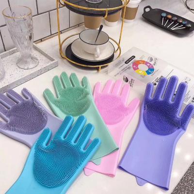 China Durable Magic Silicone Gloves Food Grade Sponge Cleaning Dishes Washing Brushes Silicone Dish Scrubber Gloves for sale