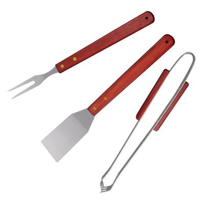 China BBQ Tools 3pcs Stainless Tool Kit and Factory Direct Multi-Function Home and Outdoor Outdoor Wood Handle Grill Easily Cleaned for sale