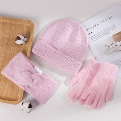 China breathable & 2021 New Style Fashion Winter Waterproof Three-piece Set Knitted Hat Headband For Women for sale