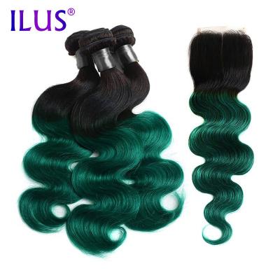 China ILUS Ombre Body Wave Body Wave Bundles With Closure Roots 1B Dark Turquoise Green Brazilian Hair Weave Bundles With 13x4 Headbands for sale