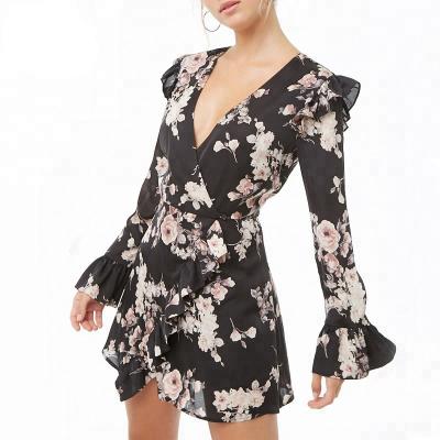 China 2022 Summer Custom Anti-wrinkle Printed Casual Loose Elegant Long Sleeve Ruffle Fashion Dress Ladies Floral Midi Dress for sale