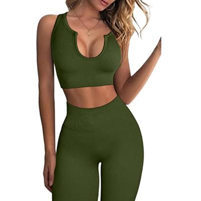 China Ladies Breathable Tracksuit Ribbed Seamless High Waisted Crop Top 2 Piece Yoga Leggings Set for sale