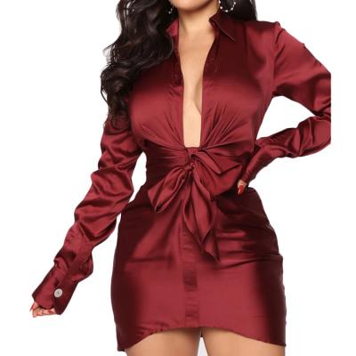 China Fashion Anti-Static Women Mini Dress Self Tie Solid Color Satin Custom Long Sleeve Elegant Dress for sale