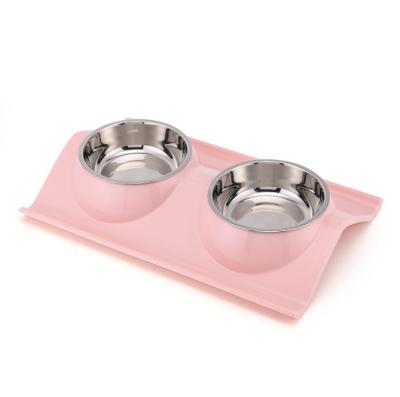 China Light Color Sustainable Stainless Steel Double Bowl Anti Spill And Anti Leakage Pet Dinnerware for sale