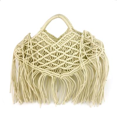 China Handmadde Bohemian Fashion Waxed Cotton Rope Crochet Bag Macrame Handbag Mesh Twine Net Clutch Bag With Fringe For Women Ladies for sale