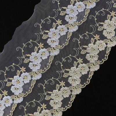 China Embroidery Water Soluble Lace Flower Yarn Gold Color Mesh Soft Net Lace Trimming For Girls Dressing Ladies Dress Lingerie Underwear for sale