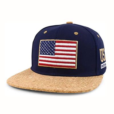 China Dongguan Character Caps Manufacturer Low Moq USA Flag Embroidery Patch Custom Snapback Hat With Cork Brim for sale