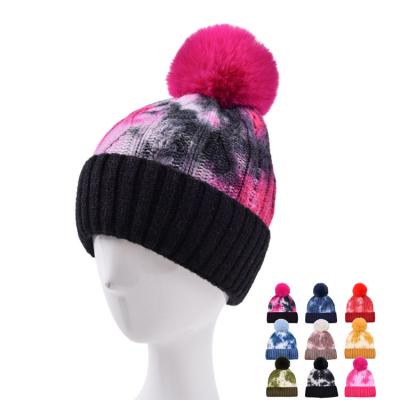 China breathable & Custom Waterproof Wholesales Tie Dye Single Pompom Knit Acrylic Female Beanie Hat For Adults Men Beanies for sale