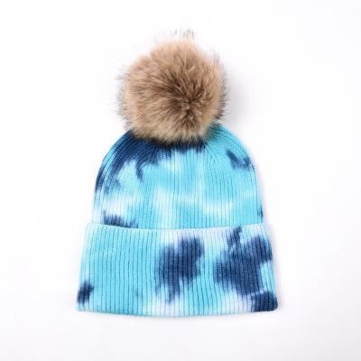 China breathable & Tie Dye Waterproof Custom Plain Acrylic Knit Beanie Hat With Rabbit Pom for sale