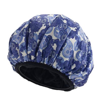 China Customized Lady's Luxury Satin Terry Lined Extra Large Pattern Shower Covers Reusable Triple Layers Waterproof Bath Hat For Long Thick Hair Gift Bag for sale