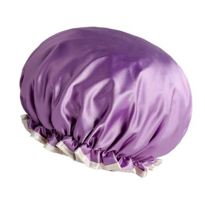 China Solid Custom Women Bathing Reusable Shower Caps For Women Double Layers Premium Sumptuous Silky Satin Lined Shower Cap 100%waterproof for sale