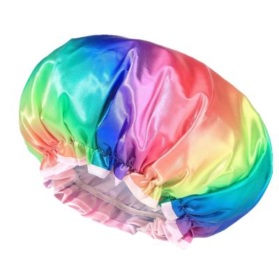 China Large Solid Custom Rainbow Double Layer Waterproof Satin Striped Shower Cap For Long Curly Hair EVA Lining Bath Cap Soft Reusable For Women for sale