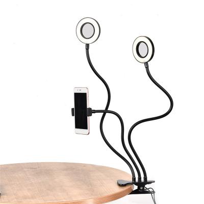 China Mini Double LED Selfie Ring Lights Table Clip Fill Lamp with Mobile Phone Holder Stand for Live Stream /Makeup, Clip On, Flexible Arms for sale