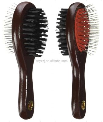 China Sustainable Professionals Dogs Brush Double Sided Pet Grooming Brush Comb With Wooden Handle for sale