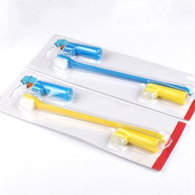 China Viable Dog Dental Care Kit 2 Long Handle Double Headed Toothbrush + 1 Pack Pet Finger Toothbrush For Pet for sale