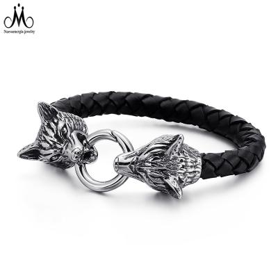 China Hot Selling Punk Wolf Head Leather Rope Men's Stainless Steel Clasp Bangle Cuff Bracelets for sale