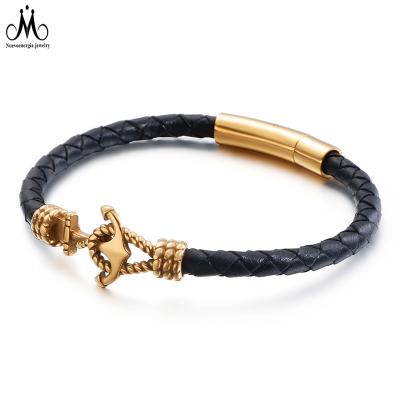 China Fashion Jewelry Mens Stainless Steel Anchor Bracelet Magnetic Buckle Cuff Bracelet Braided Leather for sale