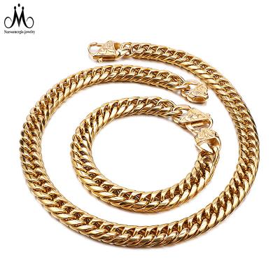 China Fashion Trendy Men's Thick Miami Necklace Bracelet Jewelry Set Black Gold Restriction Cuban Link Necklace Unisex for sale