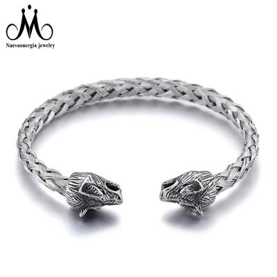 China FASHIONABLE Unique Stainless Steel Wolf Head Braided Cuff Design Men's Bracelet Bangle for sale