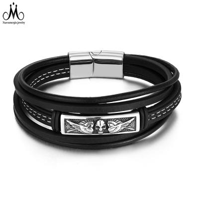 China CLASSIC Punk Leather Rope Bracelet Multiplelayer Stainless Steel Skull Genuine Leather Rope Bracelet Men Skull for sale