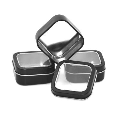 China Recyclable Square Shape Matte Black Metal Tin Can With Window In Stock for sale