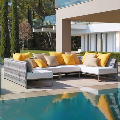 China New Style UV Resistant Aluminum Frame Rope Sofa Set With Table For Outdoor Garden Patio Villa for sale