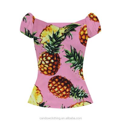 China Pinup girl summer sleeve puff print v neck pineapple sellers waist top rural blouse wholesale plus size women for sale