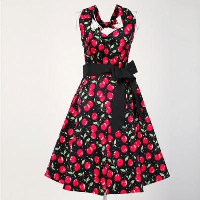 China Cherry Print Halter Neck Summer Women Breathable European Casual Dresses Vintage Cotton Dress Hepburn Style for sale