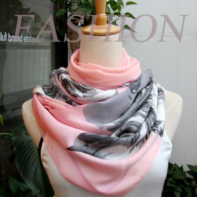 China Novelty Pink 100% Silk Satin Screen Printing Scarves With Machine Hem for sale