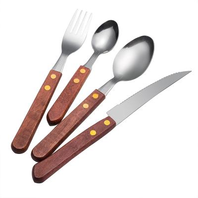 China Amazon Viable Hot Sale Customized Bamboo Stainless Steel Handmade Flatware 4pcs Luxury Logo Handle Set for sale