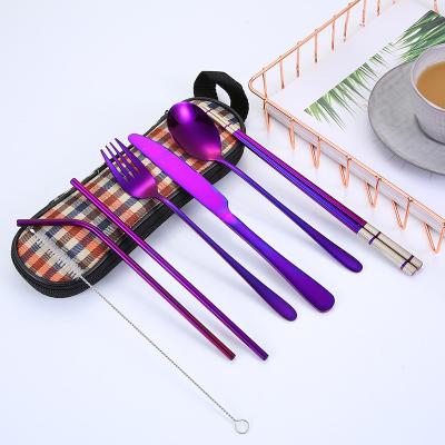 China Amazon Viable Hot Selling Portable Travel Stainless Steel Chopsticks Straws Forks And Spoons Flatware Camp Cutlery Set With Case for sale